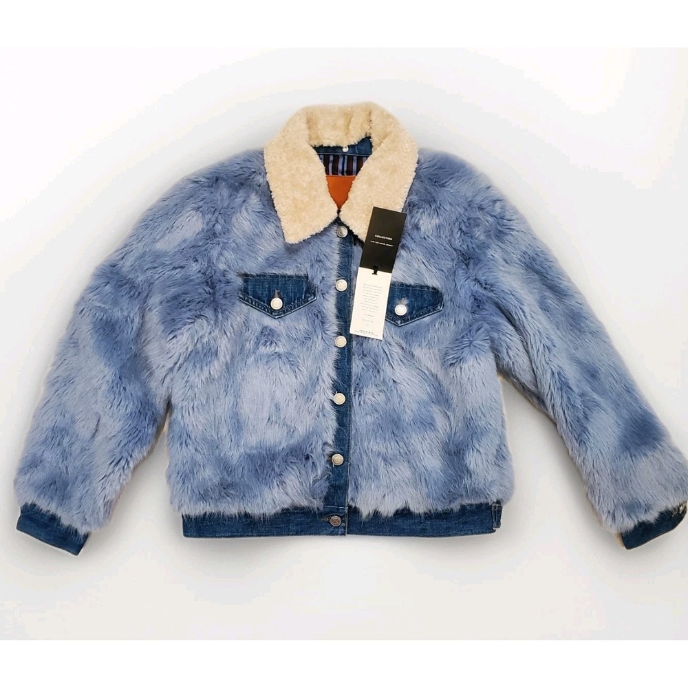 Zara Faux Fur Blue Denim Jacket Fluffy Coat‎ Removable Collar Rare - Medium